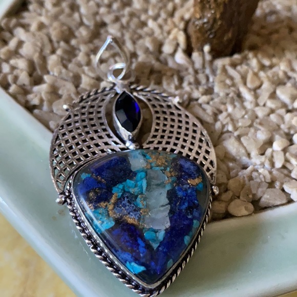 Vintage 925 oyster turquoise &natural tanzanite pendent - Picture 2 of 4